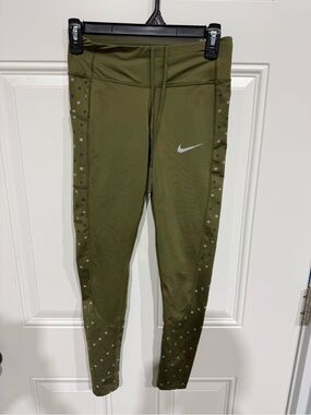 Nike Dri-Fit Power Racer Flash leggings olive green/polka dot side. Womens XS